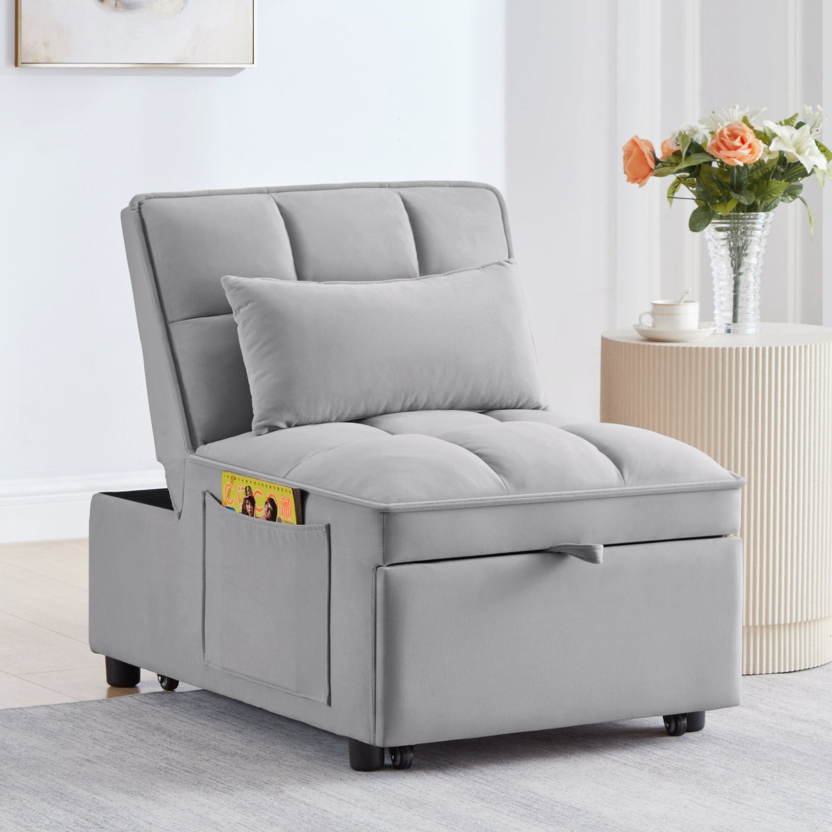 4 in 1 Multi-Function Single Sofa Bed with Storage Pockets Gray